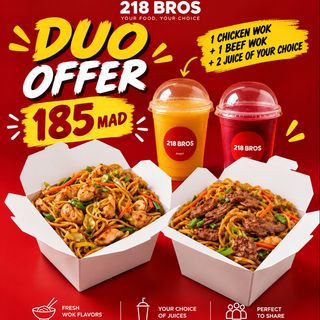 1 Chicken wok + 1 beef wok + 2 juices of your choice
