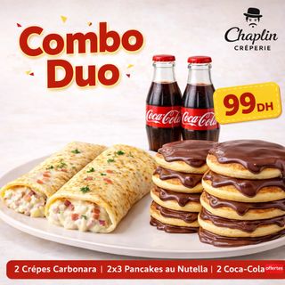 Combo Gourmand Chaplin : 2 Carbonara + 2 Pancakes nutella + 2 canettes