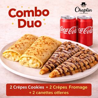 Combo Gourmand Chaplin : 2 Crêpes Cookies + 2 Crêpes Fromage + 2 canettes