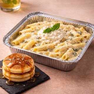 Penne Fromages + Pancake Caramel