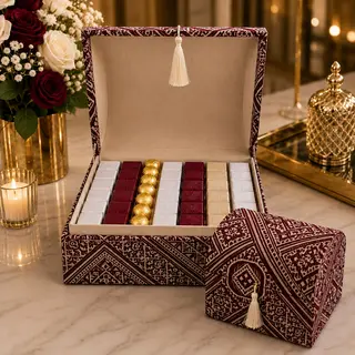 Coffret Prestige de Chocolat Belge – DÉCO & MARC (Bordeaux Motif Traditionnel)