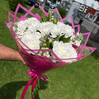 Pure White Carnation Bouquet in Pink Geometric Wrap