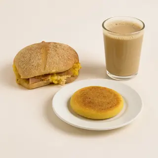 Mhiricha omelette luncheon + Harcha + Café Au Lait