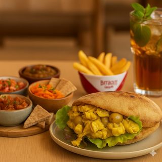 59DH = Poulet M’slalla en sandwich batbout + assortiment salades marocaines + frites + Moroccan Ice Tea à la menthe