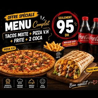 1 tacos mixte +1 pizza viande hachée + 2 soda avec frites