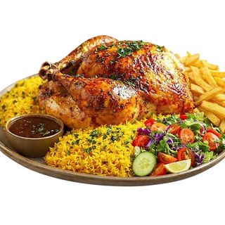 Poulet Roti + frite+riz+ crudités