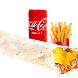 Dürüm brochette poulet (cheddar) / Çedarlı tavuk şiş dürüm + Boissons froides + Frites