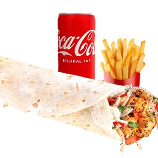 Dürüm brochette de poulet / Tavuk şiş dürüm + Boissons froides + Frites