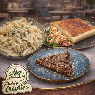 Crêpe poulet champignons fromage+Penne poulet champignons fromage sauce blanche+crêpe chocolat