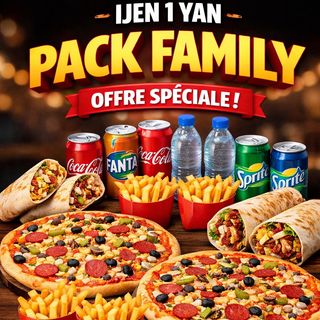 IJEN 1 YAN – PACK FAMILY 2 pizza royal 2tacos chicken 2 shawarma chicken 4 fries 4 boisson 2 eau