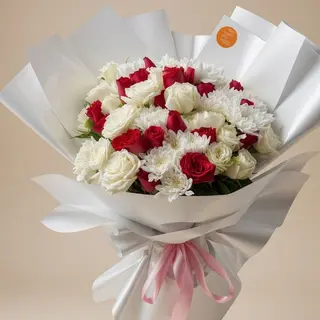 Grand Bouquet mix de 20 rose blanche et 20 rose avec des fleurs blanches