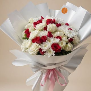Grand Bouquet mix de 20 rose blanche et 20 rose avec des fleurs blanches
