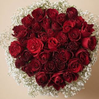 Boite Grand des rose rouge avec gypsophile