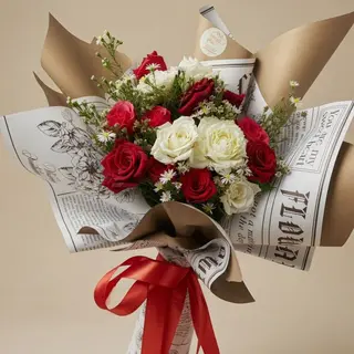 un bouquet de rose avec mix des rose rouge, blanche, rose et des feuillages