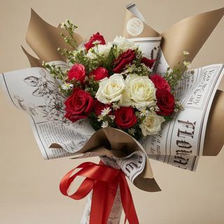 un bouquet de rose avec mix des rose rouge, blanche, rose et des feuillages