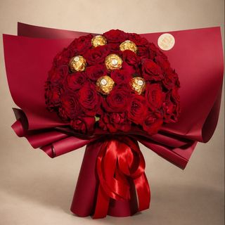 Grand bouquet 50 rose rouge avec chocolat Ferrero