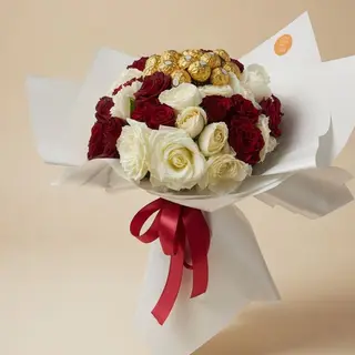 Bouquet 50 Roses Rouges et Blanches avec Chocolat Ferrero