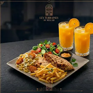 formule 2 personnes : Tacos Crispy, Tagliatelle Crème poulet crispy, 1 Salade, 2 Jus