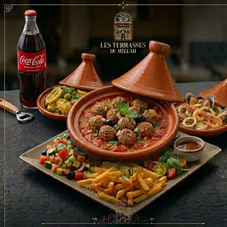 Trio tagine Beldi Mellah : tagine viande hachée , tagine poulet , tagine fruits de mer  + coca 1 litre ,