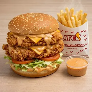 Double Cheezy Chicken Burger + Frites