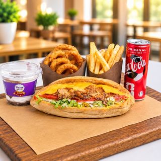 Menu Chicken Max..... sandwich poulet.frite. boissons. tiramissu . Oigno rings.