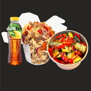 COMBO#2 : Carne de vita cu legume, castraveti picanti + fuze tea