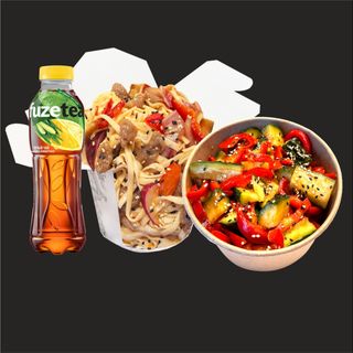 COMBO#2 : Carne de vita cu legume, castraveti picanti + fuze tea