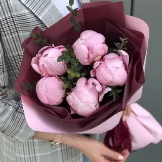 Buchet din 5 Bujori Roz in Folie Bordo