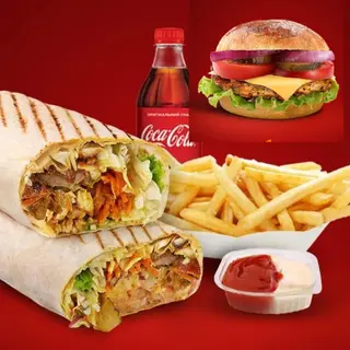 2 Kebab + 1 Chessburger de pui + cartof pai + sos + 2 pepsi 0.5