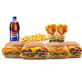 2 kebab de pui + 2 cartof + 2 sos + 2 Crispy cheeseburger + 2 cheeseburger + 2 pepsi0.5