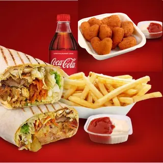 2kebab mare + Nuggets+1cartof pai+sos+2 băuturi (pepsi or Limonadă )
