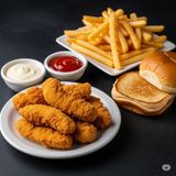 8 buc Pui crispy cu cartof pai + chifla grill + 2 sosuri