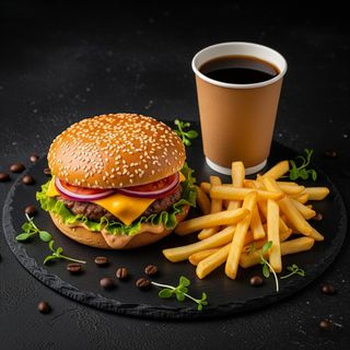 Cheeseburger + cartof pai + americano