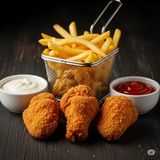 3 Aripi de pui crispy cu cartof pai și 2 sosuri