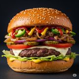 Sun Cheeseburger with caramelized onion & spicy pepper