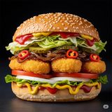 Sun Crispy Burger with caramelized onion & spicy pepper