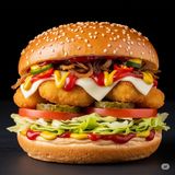 Sun Crispy Cheeseburger with caramelized onion & spicy pepper