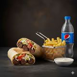 Kebab de porc-vita + cartof pai + sos picant + Pepsi 0,5 l