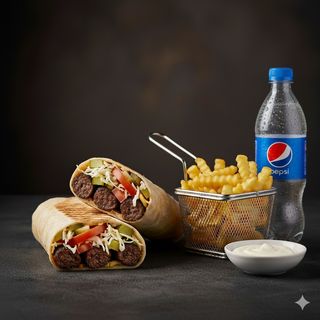 Kebab de porc-vita + cartof pai + sos picant + Pepsi 0,5 l