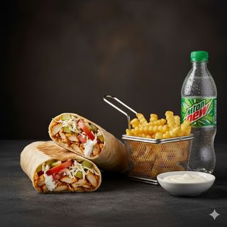 Kebab de pui + cartof pai + sos + Mountain Dew 0,5 L