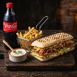 Panini "Chicken & Cheese" + cartof pai + sos + Cola 0,5 l