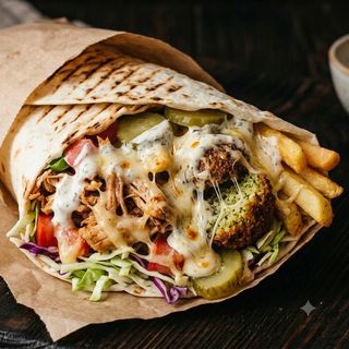 Kebab cu pui, falafel și cașcaval