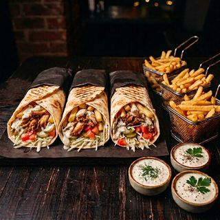 3 kebaburi de pui + 3 cartofi pai + 3 sosuri