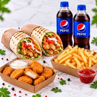 2 Kebaburi Mari + Nuggets + cartofi pai + sos + 2 băuturi