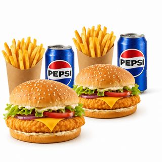 2 Cheeseburger cu carne de pui + 2 Cartofi Pai +2 pepsi