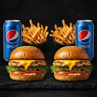 2 Cheeseburger cu carne de pui + 2 Cartofi Pai +2 pepsi