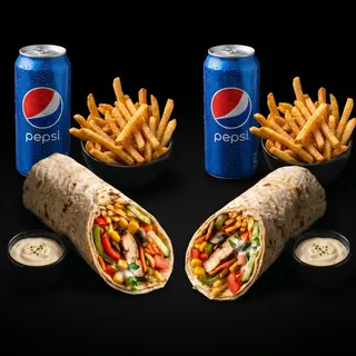2 fahita cu carne de pui + 2 Cartofi Pai + 2 Pepsi