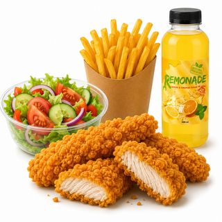 Crispy de pui + Salata + Cartofi Pai + Băutură.