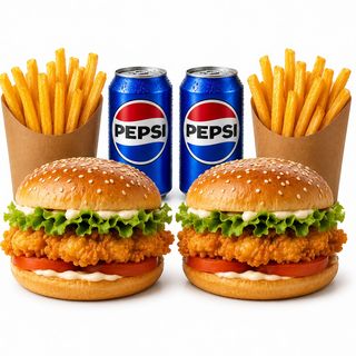 2 Crispy Burgers + 2 Cartofi Pai + 2 pepsi