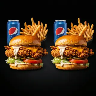 2 Crispy Burgers + 2 Cartofi Pai + 2 pepsi